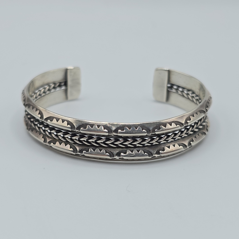 VTG Solid Sterling Silver Southwestern Stamped Cuff Bracelet Twisted Cable, 27g